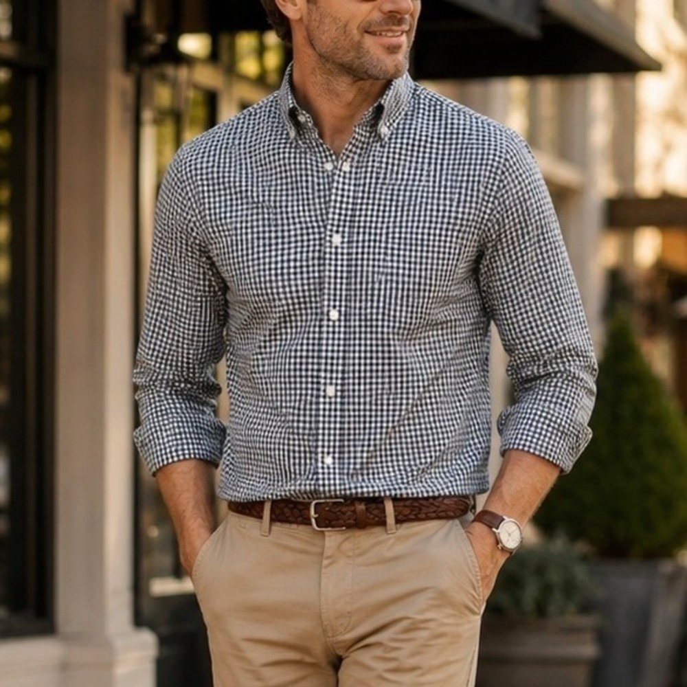 Banana Republic Mens XL Untucked Fit Oxford Shirt Navy Blue Gingham Check Cotton